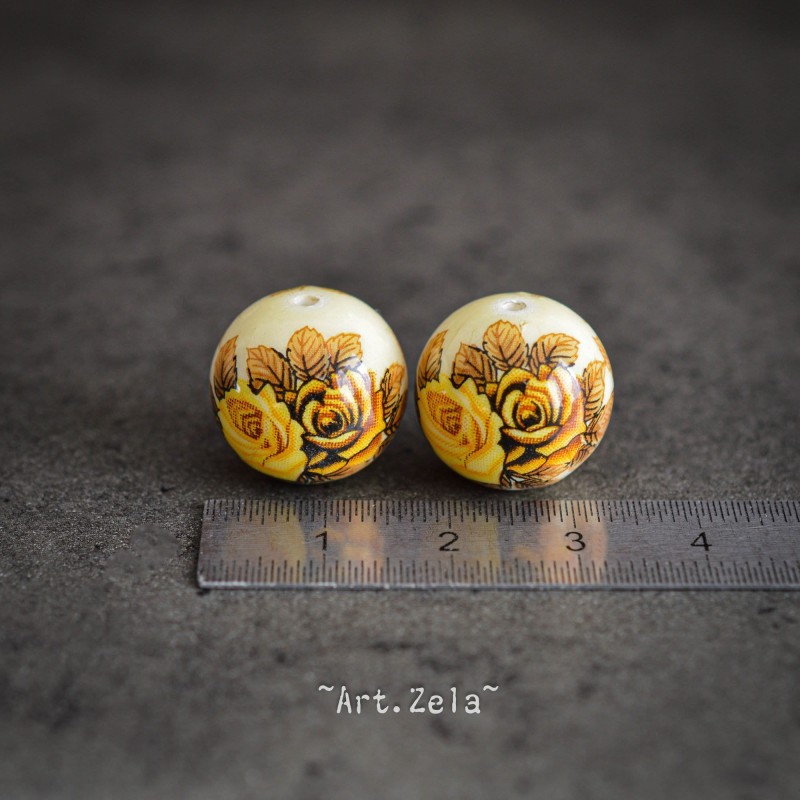 Tensha motif floral tons jaunes 16mm X1 Perle artisanale japonaise résine