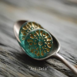 Mandala vert émeraude bronze 18mm X2 Perles verre tchèque dépoli