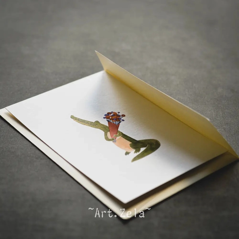 Carte postale aquarelle Crocodile offrant des fleurs - Papier recyclé