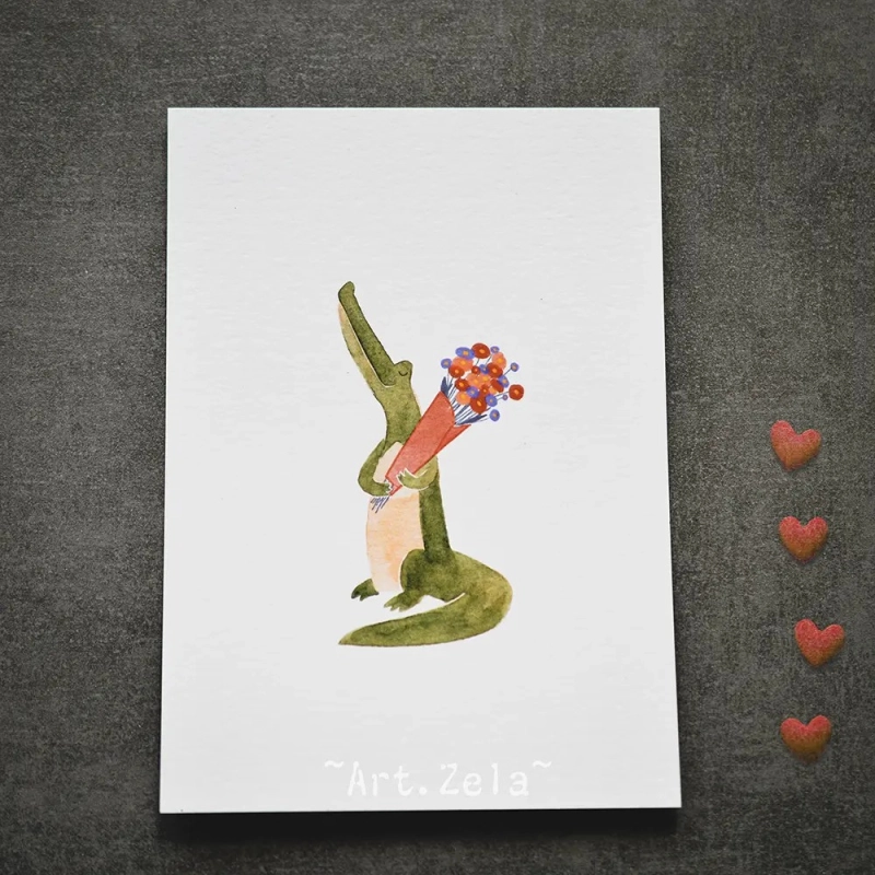 Carte postale aquarelle Crocodile offrant des fleurs - Papier recyclé