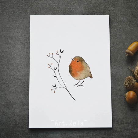 Carte postale aquarelle Rouge-gorge - Papier recyclé premium