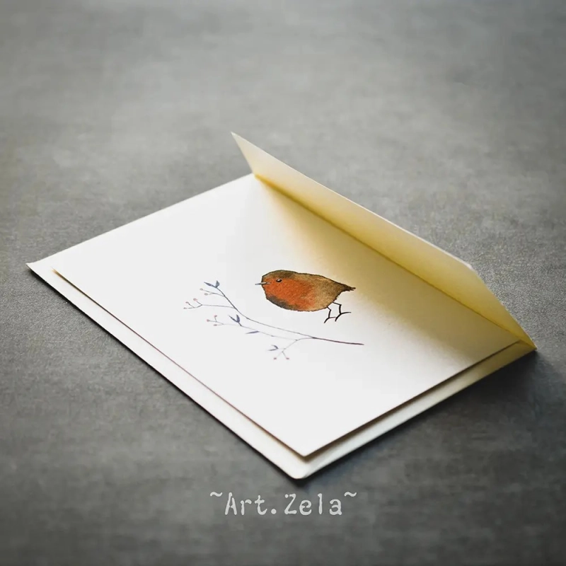 Carte postale aquarelle Rouge-gorge - Papier recyclé premium