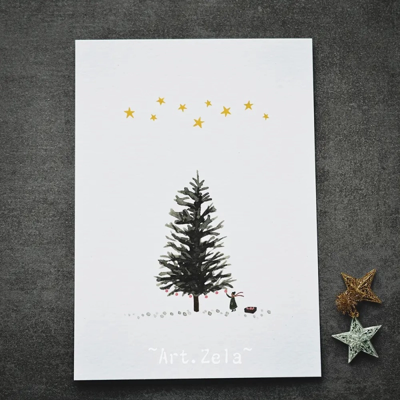 Carte postale aquarelle Sapin de Noël - Papier recyclé premium