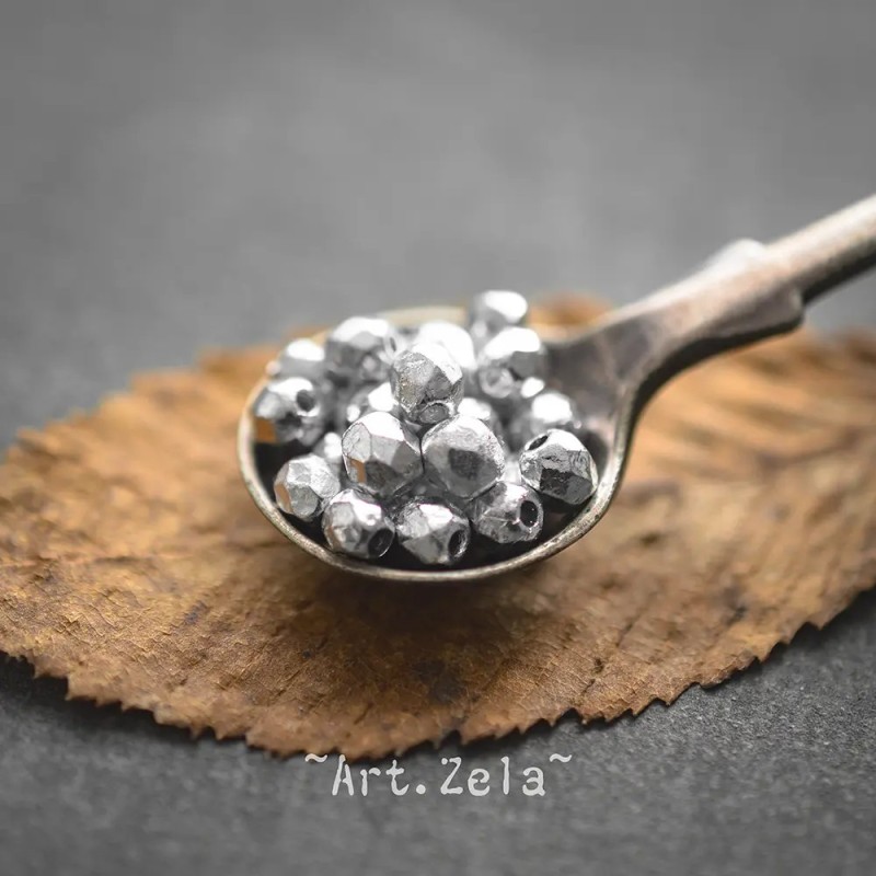 Facettes texturées argenté métallisé 3 à 4mm X40 Perles verre tchèque