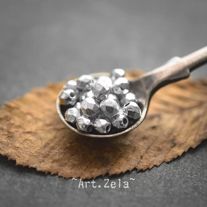 Facettes texturées argenté métallisé 3 à 4mm X40 Perles verre tchèque