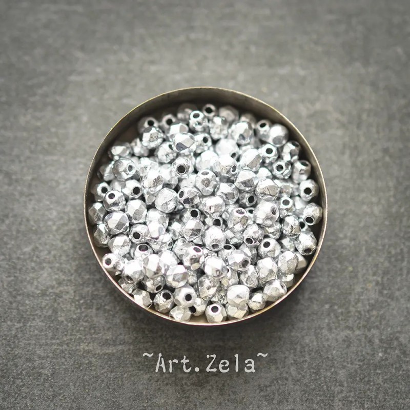 Facettes texturées argenté métallisé 3 à 4mm X40 Perles verre tchèque