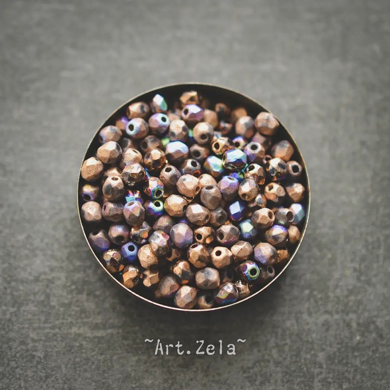 Facettes texturées bronze 4mm X40 Perles verre tchèque mat