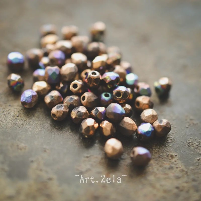 Facettes texturées bronze 4mm X40 Perles verre tchèque mat