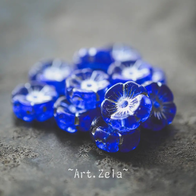 Fleurs hawaïennes bleu blanc 12mm X6 Perles verre tchèque