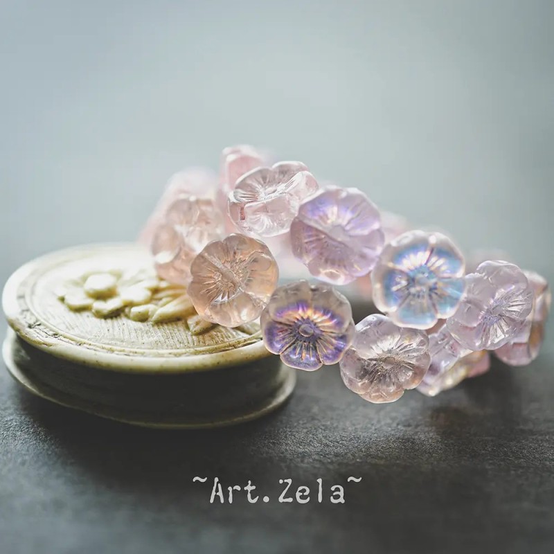 Fleurs hawaïennes rose irisé 12mm X6 Perles verre tchèque AB