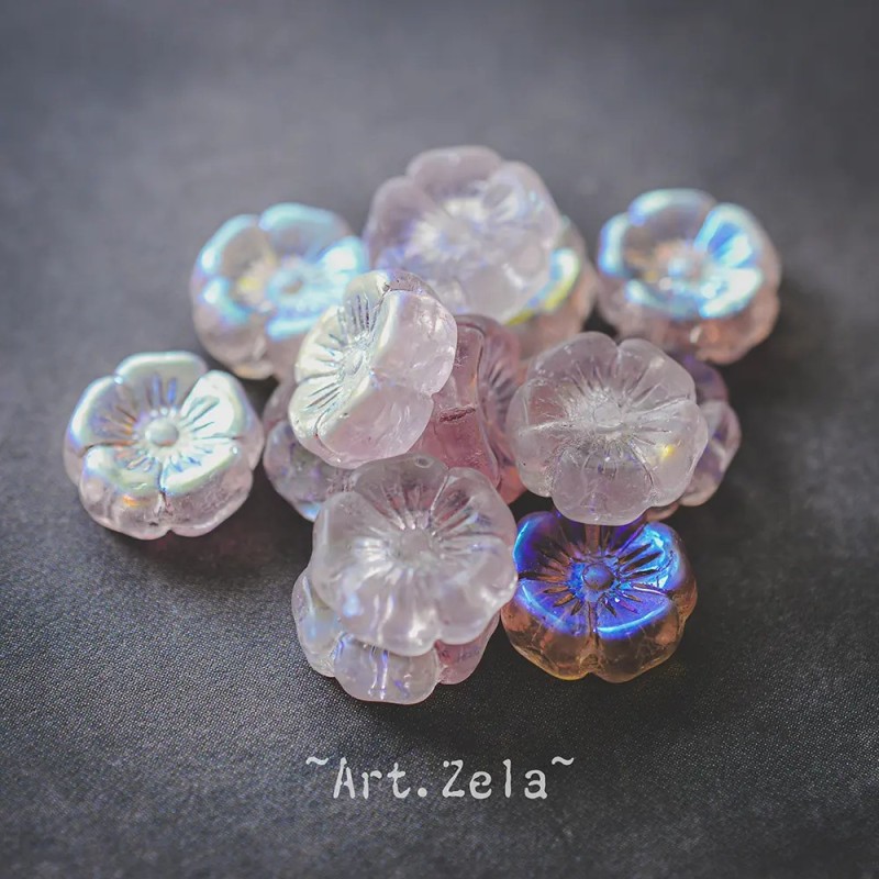 Fleurs hawaïennes rose irisé 12mm X6 Perles verre tchèque AB