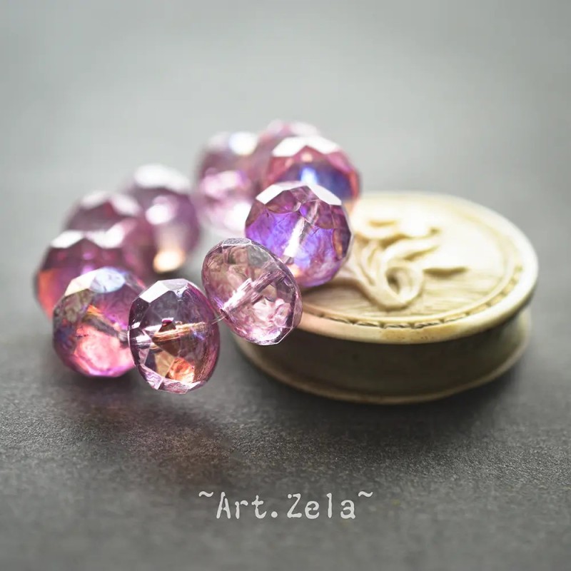 Rondelles facettes lilas irisé 13mm X2 Grandes perles verre tchèque AB