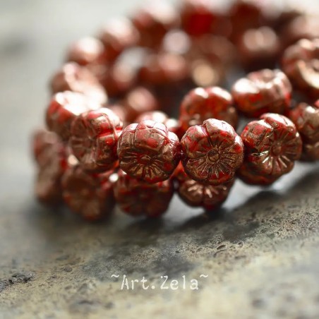 Fleurs hawaïennes rouge foncé 8mm X15 Perles verre tchèque opaque