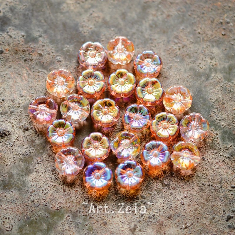 Fleurs hawaïennes orange irisé 8mm X15 Perles verre tchèque AB