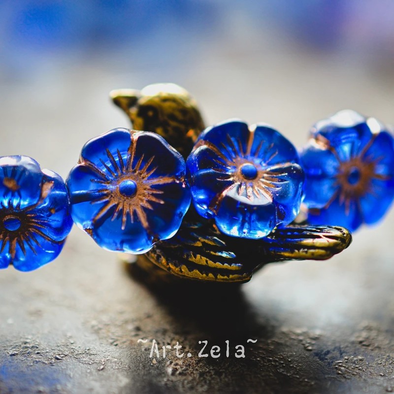 Fleurs hawaïennes bleu cuivre 12mm X6 Perles verre tchèque