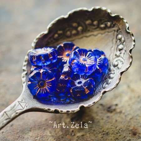 Fleurs hawaïennes bleu cuivre 12mm X6 Perles verre tchèque