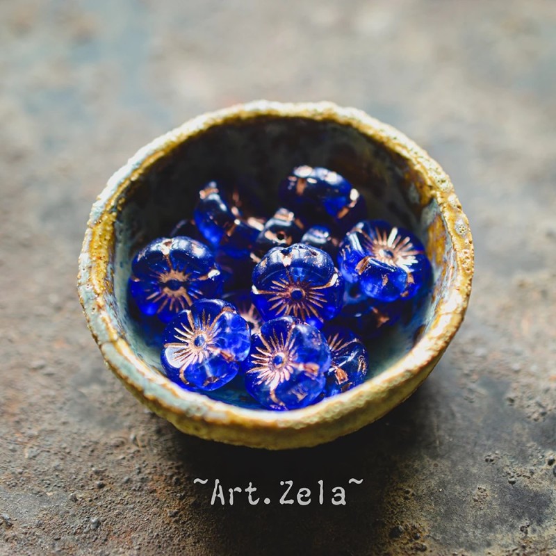 Fleurs hawaïennes bleu cuivre 12mm X6 Perles verre tchèque