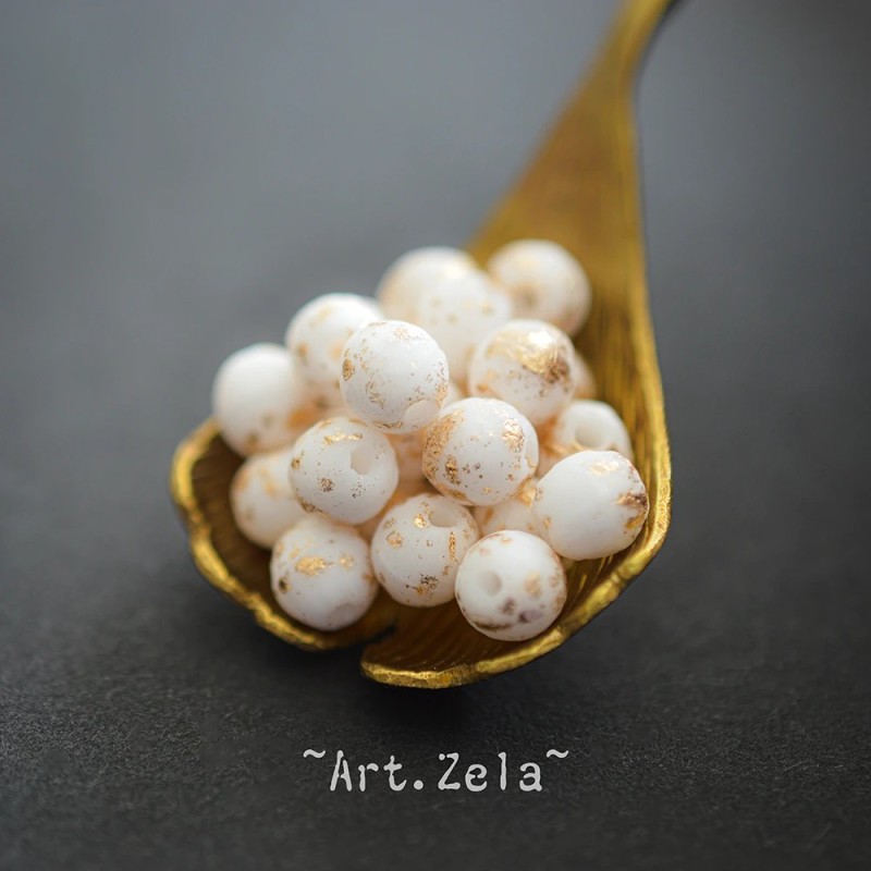 Perles rondes blanc doré 6mm X20 Perles verre tchèque