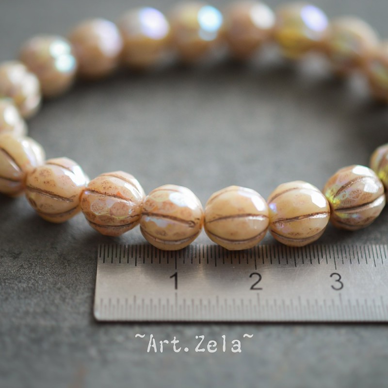Melons facettés beige 8mm X4 Perles verre tchèque AB premium