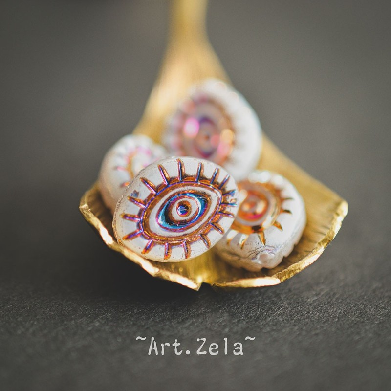 Oeil mystique blanc mat 14mm X2 Perles verre tchèque semi-opaque