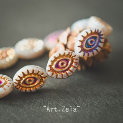 Oeil mystique blanc mat 14mm X2 Perles verre tchèque semi-opaque