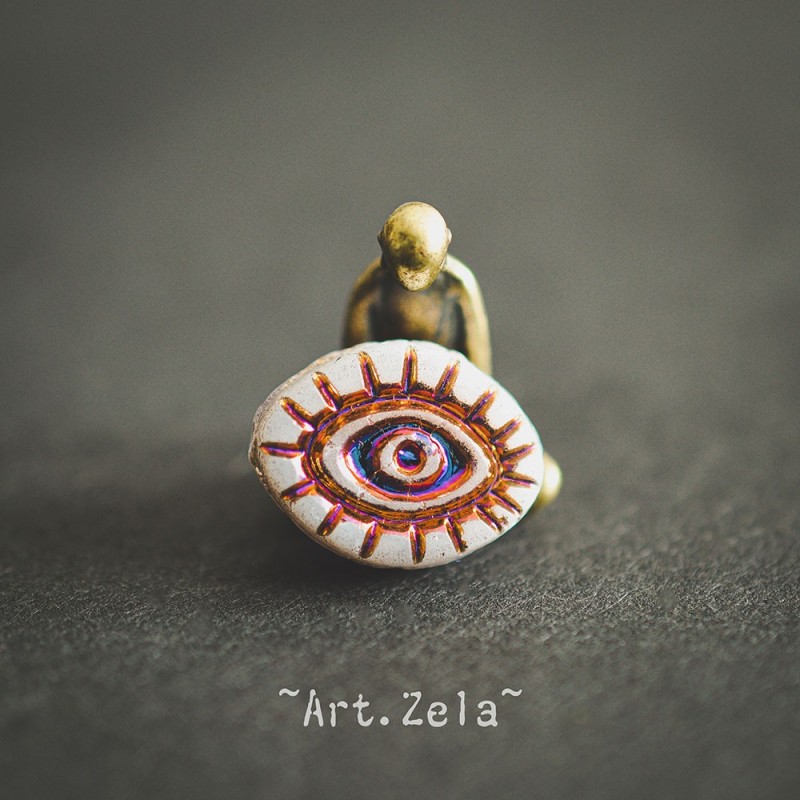 Oeil mystique blanc mat 14mm X2 Perles verre tchèque semi-opaque
