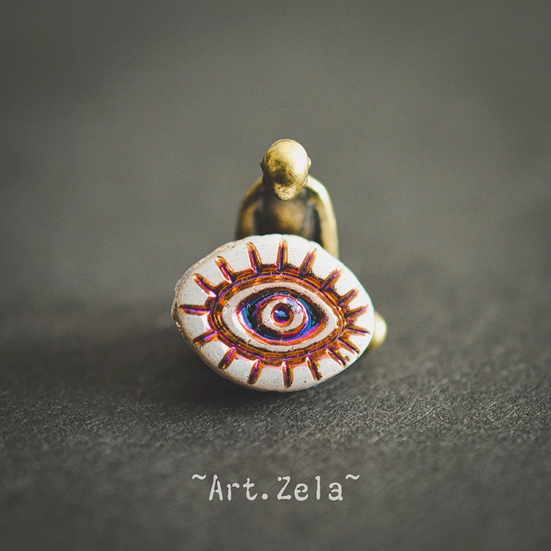 Oeil mystique blanc mat 14mm X2 Perles verre tchèque semi-opaque