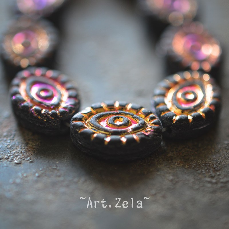Oeil mystique noir mat 14mm X2 Perles verre tchèque opaque