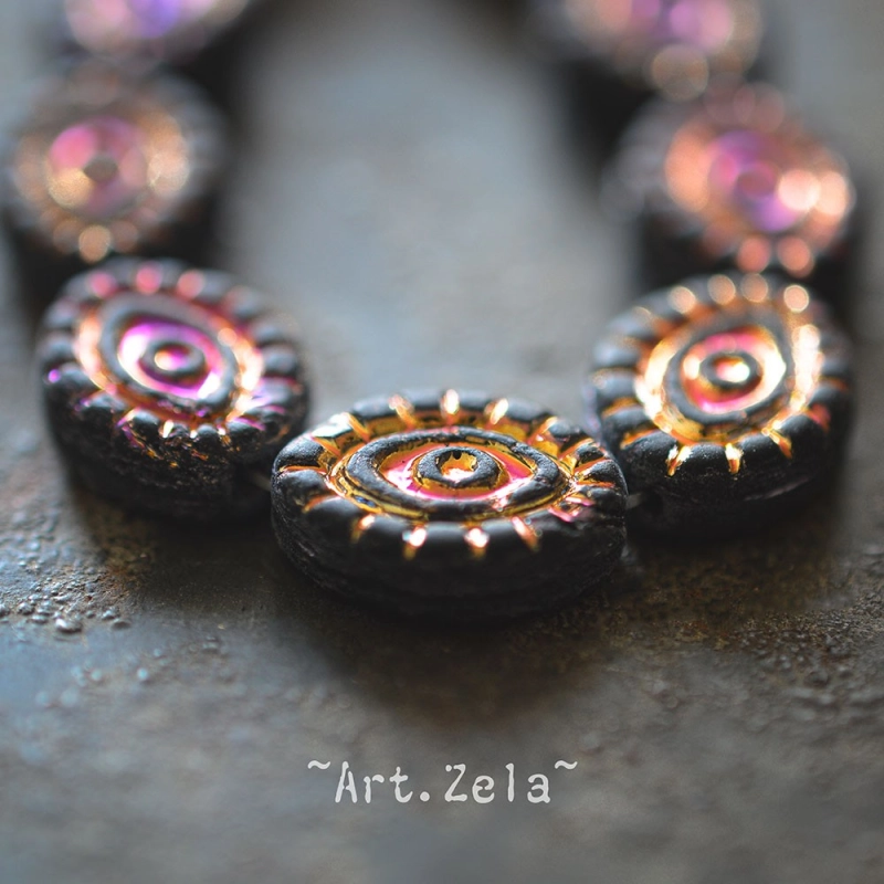 Oeil mystique noir mat 14mm X2 Perles verre tchèque opaque