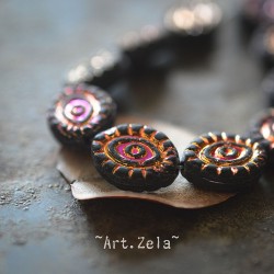 Oeil mystique noir mat 14mm X2 Perles verre tchèque opaque
