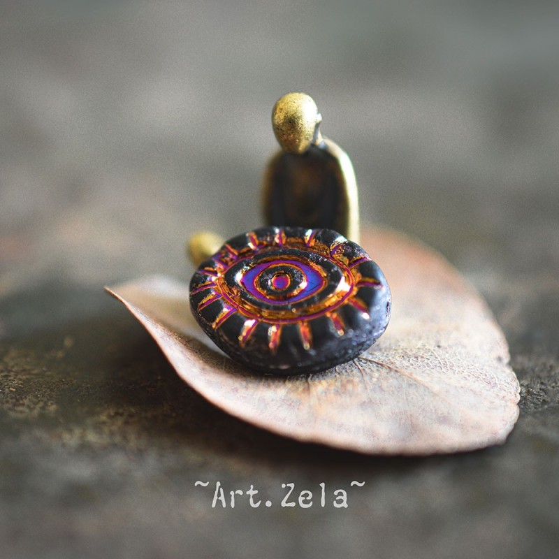 Oeil mystique noir mat 14mm X2 Perles verre tchèque opaque