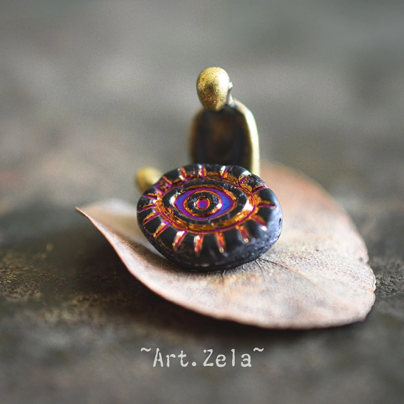 Oeil mystique noir mat 14mm X2 Perles verre tchèque opaque