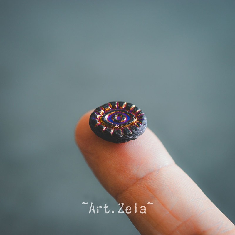 Oeil mystique noir mat 14mm X2 Perles verre tchèque opaque