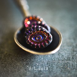 Oeil mystique noir mat 14mm X2 Perles verre tchèque opaque