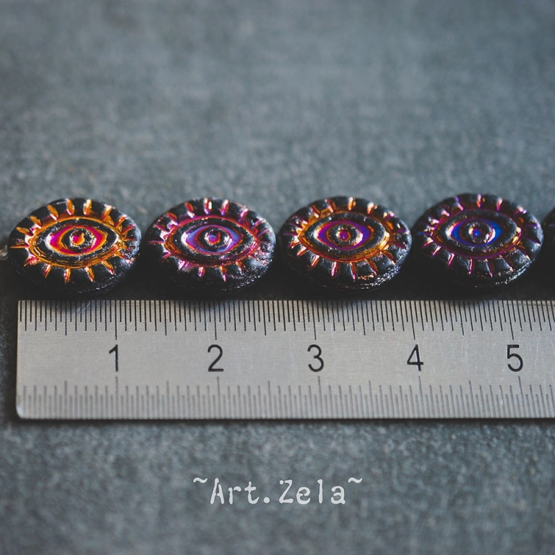 Oeil mystique noir mat 14mm X2 Perles verre tchèque opaque