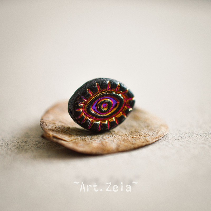 Oeil mystique noir mat 14mm X2 Perles verre tchèque opaque