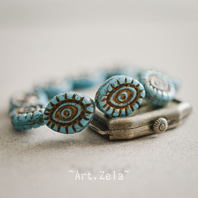 Oeil mystique bleu ciel cuivre 14mm X2 Perles verre tchèque opaque