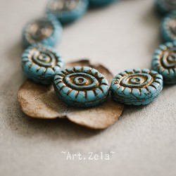 Oeil mystique bleu ciel cuivre 14mm X2 Perles verre tchèque opaque