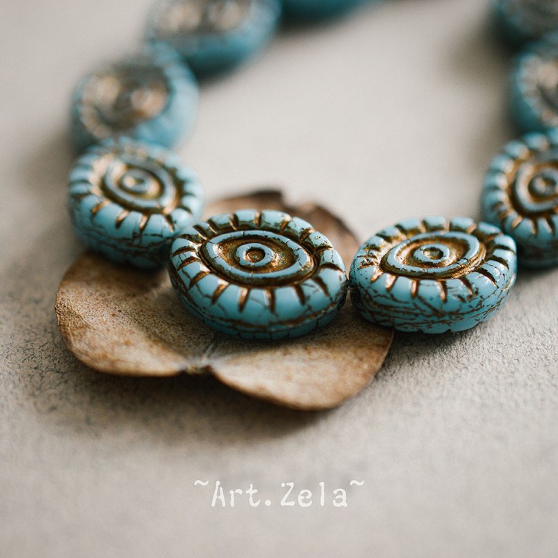 Oeil mystique bleu ciel cuivre 14mm X2 Perles verre tchèque opaque