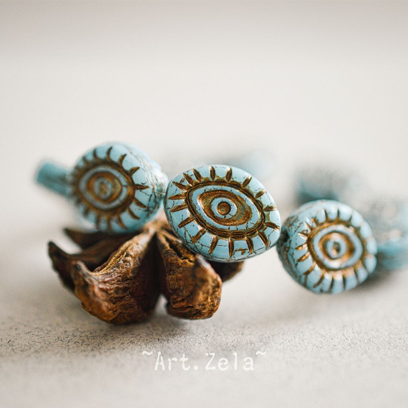 Oeil mystique bleu ciel cuivre 14mm X2 Perles verre tchèque opaque