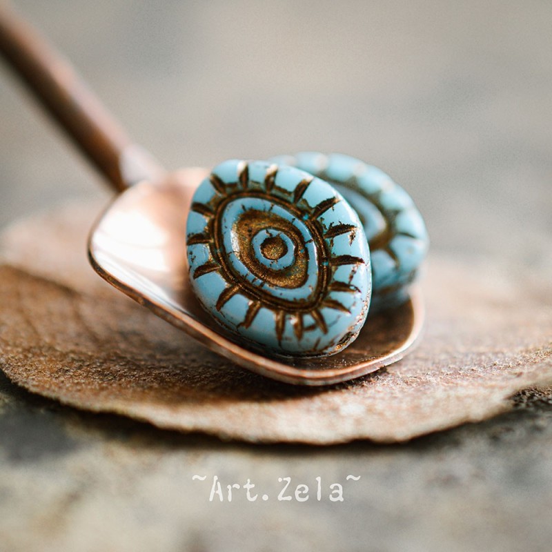 Oeil mystique bleu ciel cuivre 14mm X2 Perles verre tchèque opaque