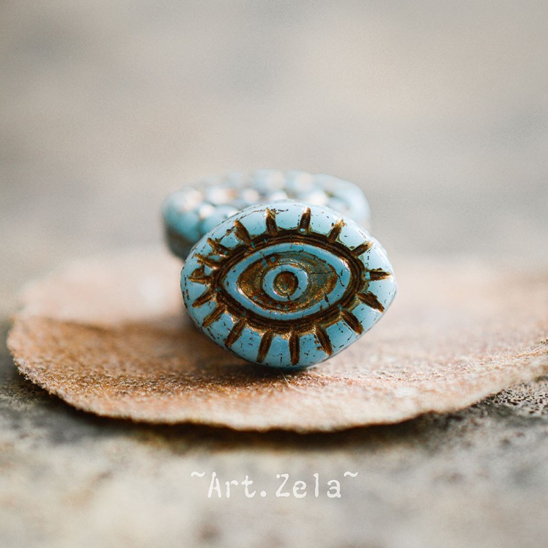 Oeil mystique bleu ciel cuivre 14mm X2 Perles verre tchèque opaque