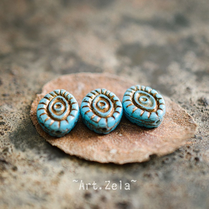 Oeil mystique bleu ciel cuivre 14mm X2 Perles verre tchèque opaque