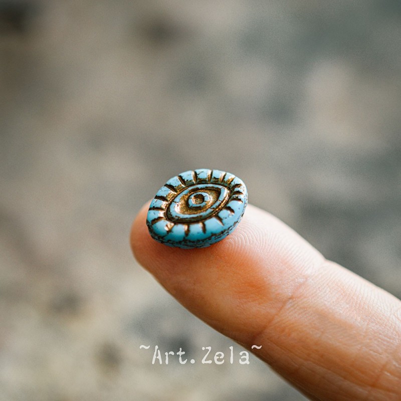 Oeil mystique bleu ciel cuivre 14mm X2 Perles verre tchèque opaque