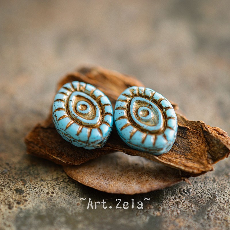 Oeil mystique bleu ciel cuivre 14mm X2 Perles verre tchèque opaque