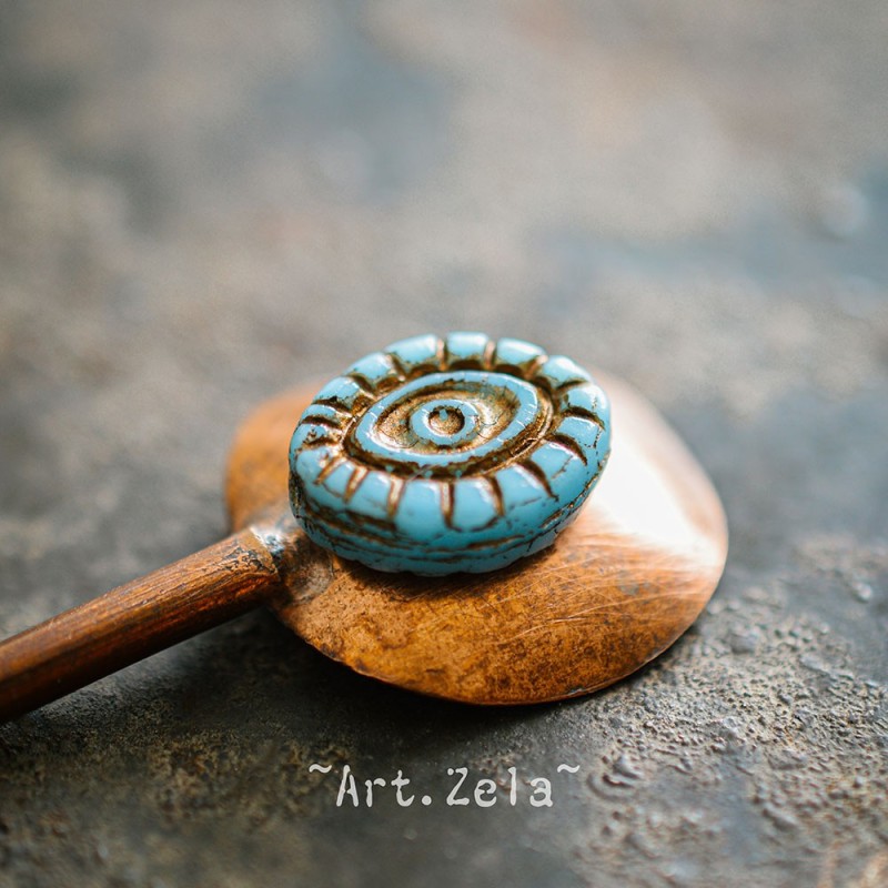Oeil mystique bleu ciel cuivre 14mm X2 Perles verre tchèque opaque