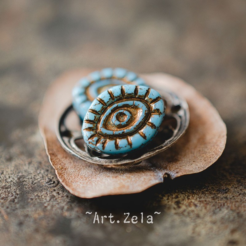 Oeil mystique bleu ciel cuivre 14mm X2 Perles verre tchèque opaque