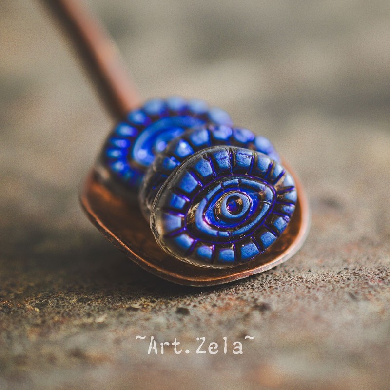 Oeil mystique gris et bleu métallique 14mm X2 Perles verre tchèque