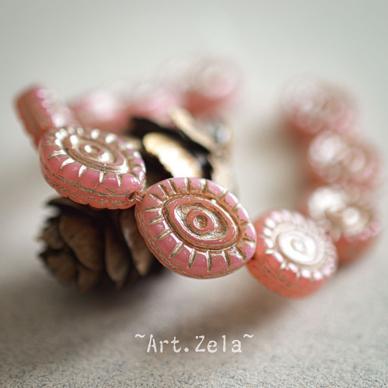 Oeil mystique bois de rose beige 14mm X2 Perles verre tchèque