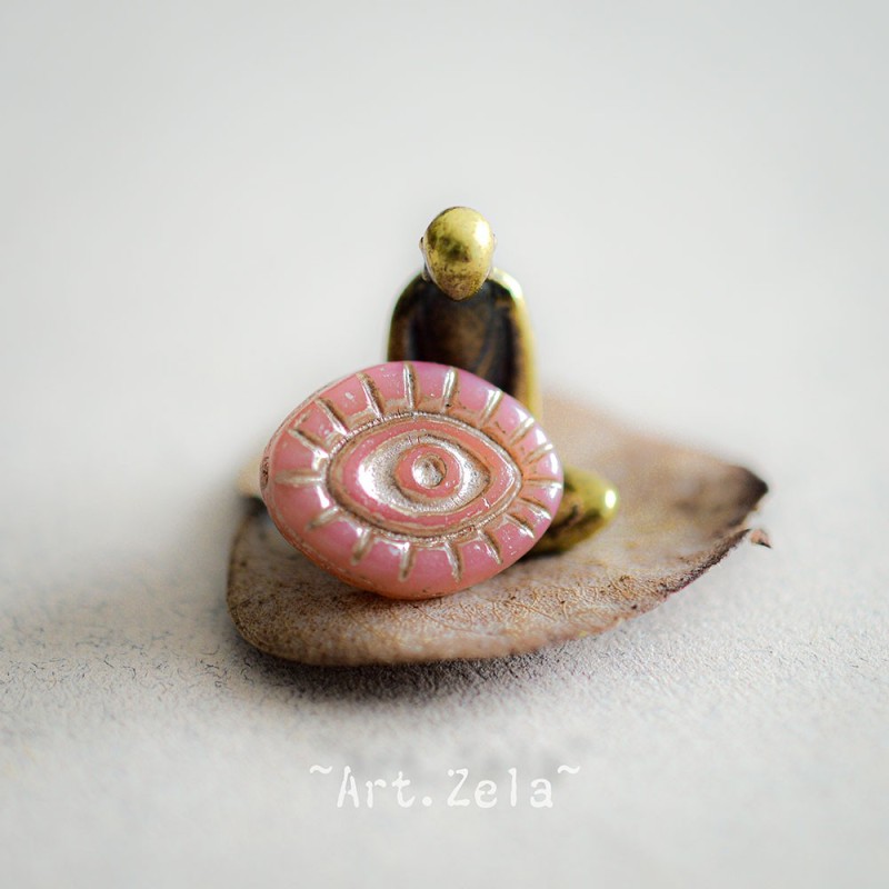 Oeil mystique bois de rose beige 14mm X2 Perles verre tchèque